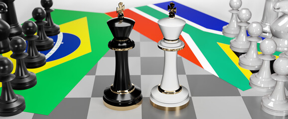 Brazil and South Africa - talks, debate, dialog or a confrontation between those two countries shown as two chess kings with flags that symbolize art of meetings and negotiations, 3d illustration