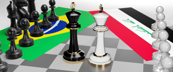 Brazil and Iraq - talks, debate, dialog or a confrontation between those two countries shown as two chess kings with flags that symbolize art of meetings and negotiations, 3d illustration