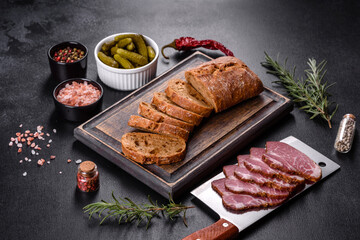 Delicious fresh bacon sliced with bread and vegetables