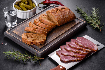 Delicious fresh bacon sliced with bread and vegetables