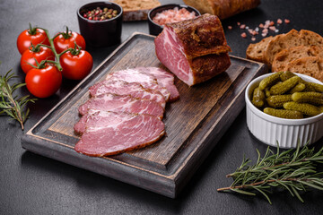 Delicious fresh bacon sliced with bread and vegetables