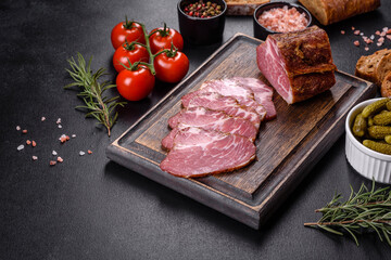 Delicious fresh bacon sliced with bread and vegetables