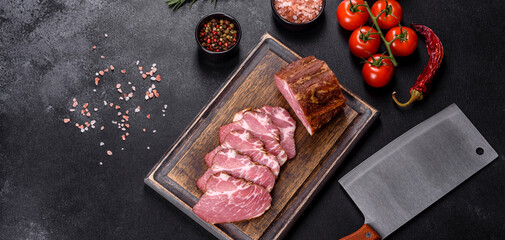 Delicious fresh bacon sliced with bread and vegetables