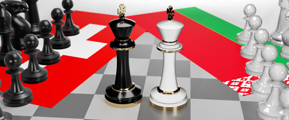 Switzerland and Belarus - talks, debate, dialog or a confrontation between those two countries shown as two chess kings with flags that symbolize art of meetings and negotiations, 3d illustration
