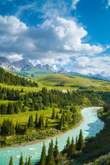 Amazing panoramic view, in a combination of blue sky, clouds, high mountain range, coniferous forests and a fast flowing river. Beautiful landscape