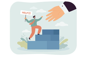 Fototapeta na wymiar Giant hand helping businessman in social solidarity. Emergency rescue of business person with help sign, workplace community flat vector illustration. Charity, assistance, teamwork concept for banner