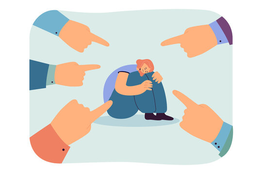 Hands with index fingers pointing at depressed woman. People criticizing girl with psychological problems flat vector illustration. Social stigma concept for banner, website design or landing web page