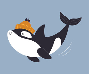 Cute Killer Whale or Orca as Arctic Animal Swimming in Knitted Hat Vector Illustration