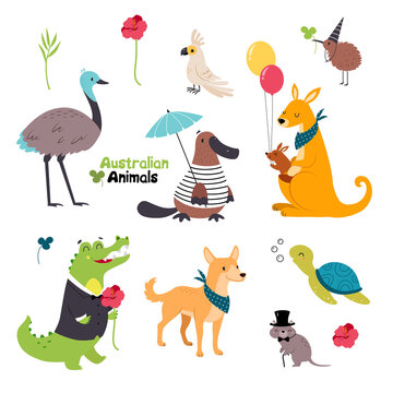 Australian Animals with Kangaroo Carrying Baby in Pouch and Crocodile in Jacket Holding Flower Vector Set