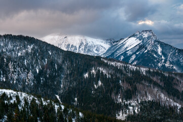 View of Giewont Mountain in winter in the Tatra Mountains.