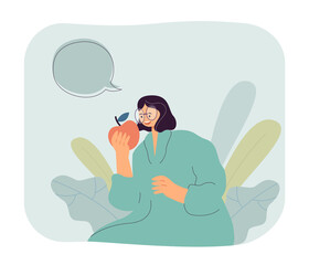 Young girl speaking with apple. Smiling woman looking at fruit in her hand flat vector illustration. Diet food, healthy lifestyle, vegetarian food concept for banner, website design, landing web page