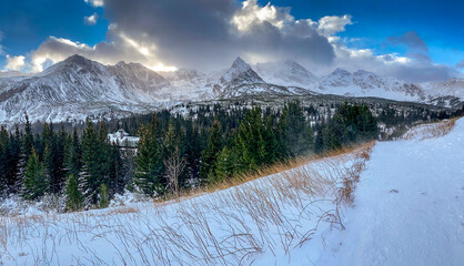 Panorama of the caterpillar valley in the Tatra Mountains in winter