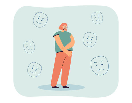 Depressed woman surrounded by masks with different emotions. People wearing masks flat vector illustration. Psychological or mental state concept for banner, website design or landing web page