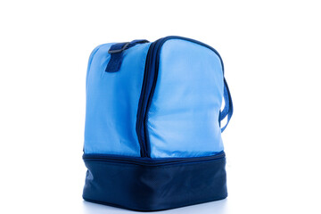 Blue bag. Camping freezer, cooler box for cold lunch food isolated on white background. Blue bag for travel, picnic.