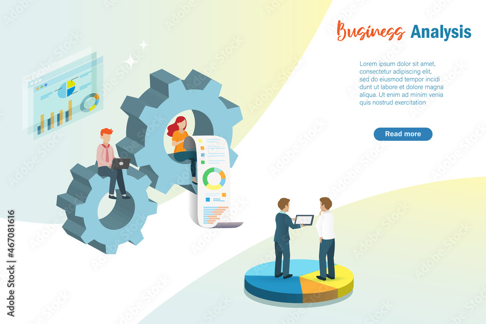 Poster businessmen sitting on cogwheel use data analytics analysing business growth from virtual graph char