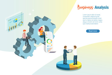Businessmen sitting on cogwheel use data analytics analysing business growth from virtual graph charts. Intelligent business analysing technology develop smart business solution.