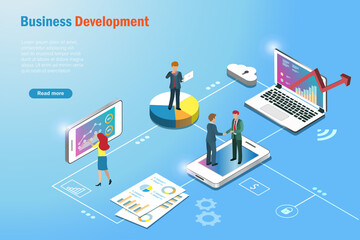 Business development team analysing growth graph marketing charts on computer and gadget devices. Global network connection technology and data storage for business concept.