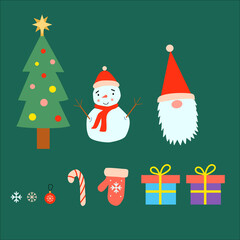 Vector clipart set of a snowman, snowflakes, gifts, a tree, a dwarf