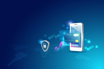 Credit card online payment with secure transaction on smart phone. Financial security in digital online and global network connecting  technology concept.