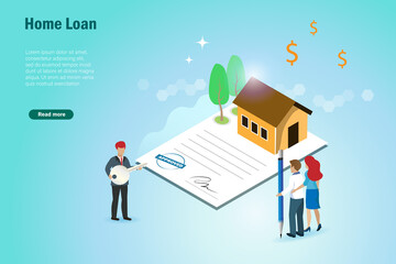 Refinance, home loan, real estate and property mortgage concept. Couple sign home loan contract document with agent holding home key and approval stamp.