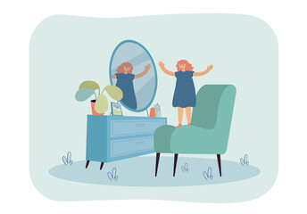Cute girl standing on chair and looking in mirror. Kid happy to see her reflection in looking-glass flat vector illustration. Self-confidence concept for banner, website design or landing web page