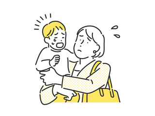 子どもの世話に手を焼いて困っているお母さん・会社員の女性の困惑したイメージイラスト素材