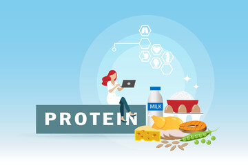 Nutritionist and healthy protein foods product for cooking and eating.  Laboratory research on Protein foods nutrition facts concept.
