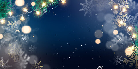 Happy holidays and a prosperous new year! golden christmas stars decorate blue background elegant greeting card with light effect celebration background template with ribbon © HNKz