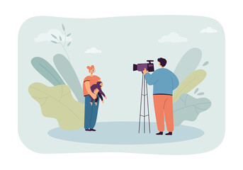Cameraman shooting girl holding monkey in hands. Man recording video about children and pets flat vector illustration. Journalism, reportage concept for banner, website design or landing web page