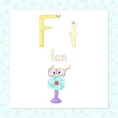 The capital and lowercase letters Ff in the form of cute characters. The word, starting with f, and funny image, which looks like a kind character. Sweet home series for the development of imagination