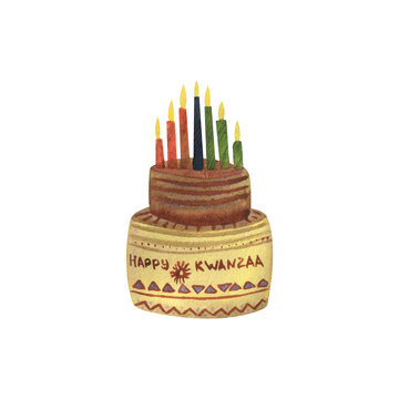 Watercolor kwanzaa cake for celebration with candles in red, green, black brown colors and words happy 