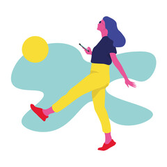 The girl is holding the phone. Bright illustration in flat style.