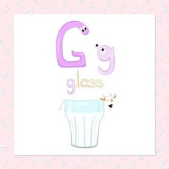 The capital and lowercase letters Gg in the form of cute characters. The word, starting with g, and funny image, which looks like a kind character. Sweet home series for the development of imagination