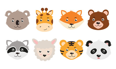 Set of cute smiling animals. Cartoon zoo. Giraffe, llama, tiger, bear, fox, koala, panda, raccoon. Vector illustration 