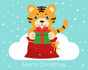 Cute, cartoon tiger with a gift box on a blue background. Postcard design. Merry Christmas. Vector illustration in flat style