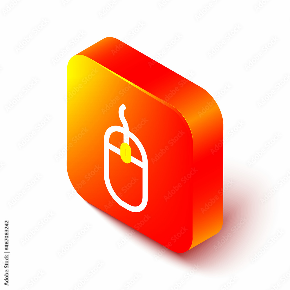 Poster isometric line computer mouse icon isolated on white background. optical with wheel symbol. orange s