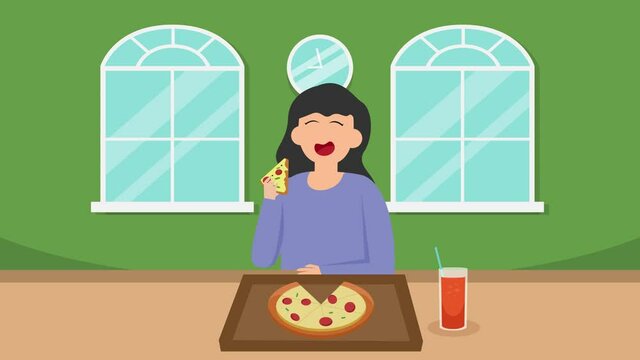 Young woman eating a plate of pizza and soda