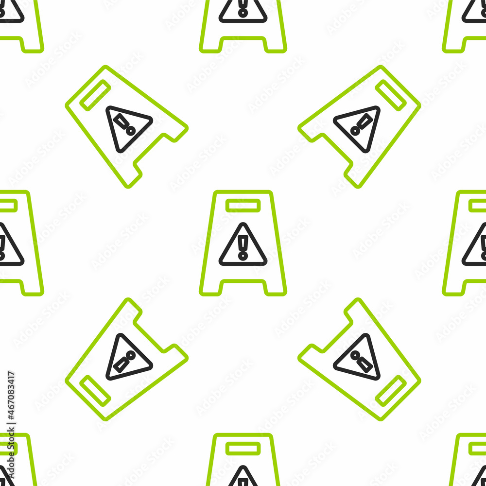 Poster line wet floor and cleaning in progress icon isolated seamless pattern on white background. cleaning