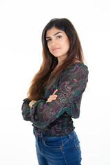 crossed arms folded beautiful young woman pretty looking side posing on white background wall