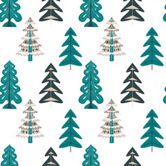 Pine trees in forest or woods, seamless pattern