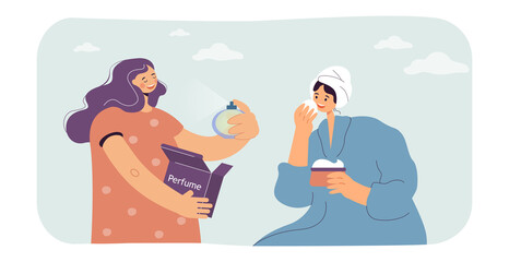 One woman using facial perfume water and another putting on face cream. Home spa day flat vector illustration. Beauty, cosmetics, home skincare concept for banner, website design or landing web page