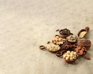 Various Nuts, Seed, Raisin on Wooden Bowl