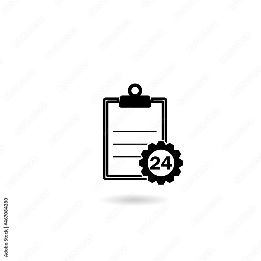 Poster checklist clipboard with 24 hours service icon with shadow isolated on white background