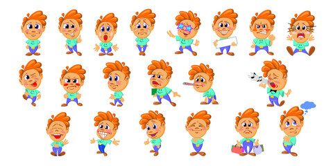 Cute cartoon boy in different actions sticker set. Expressions of surprise, smiling, confused, amazed, angry kid vector illustrations isolated on white background. Emotions concept for social media