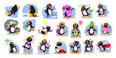 Cute little penguin cartoon character sticker set. Funny wild animal in different actions, playing with snow and ice vector illustrations isolated on white background. Winter, Christmas concept