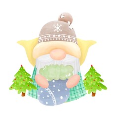 Cute digital painting watercolor gnomes element.isolated gnome holding sock with tree on white background.cartoon character hand drawn.design for texture,fabric,clothing,sticker,print,scrapbook. - obrazy, fototapety, plakaty