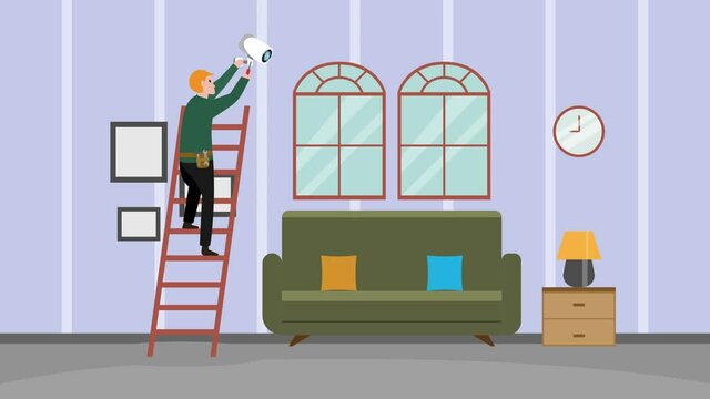 Male technician installing cctv camera at home