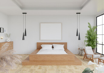 3D illustration Mockup photo frame in bedroom, rendering