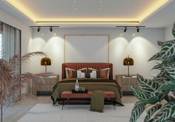 3D illustration Mockup photo frame in bedroom, rendering