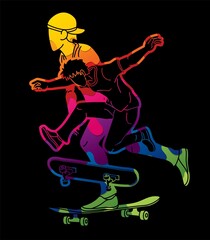 Group of People Playing Skateboard Together Skateboarder Action Extreme Sport Cartoon Graphic Vector